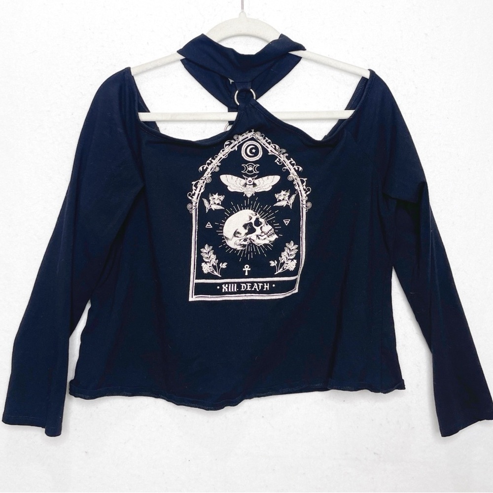 Midnight Hour Skull Tarot Card Graphic Print Long Sleeve Mid Length Goth Shirt